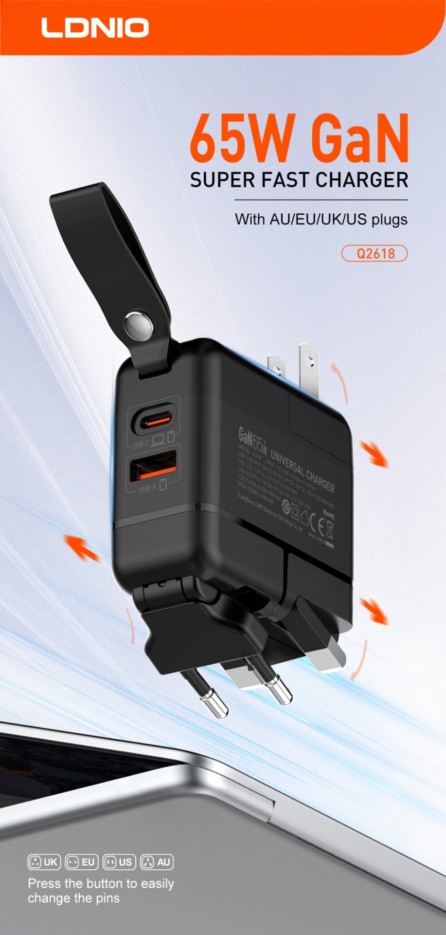  شارژر دیواری الدینیو Ldnio GaN Super Fast Charger Q2618 توان 65 وات 