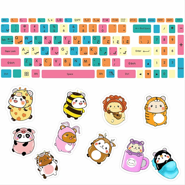 برچسب حروف فارسی کیبورد مدل animals-pack-02 به همراه استیکرهای تزئینی 11 عددی