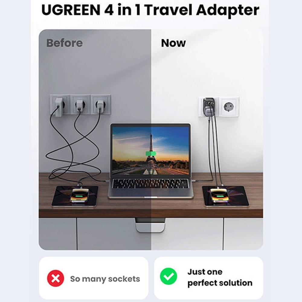  چندراهی برق و شارژر دیواری یک سوکت، یک تایپ‌سی و دو یو‌اس‌بی 30 وات یوگرین CD314 15290 