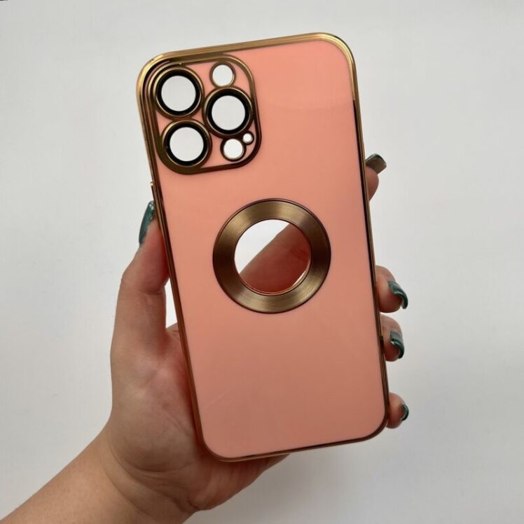 اب گوشی iPhone 13 Pro Max آیفون ژله ای My Case دور طلایی MagSafe محافظ لنز دار صورتی