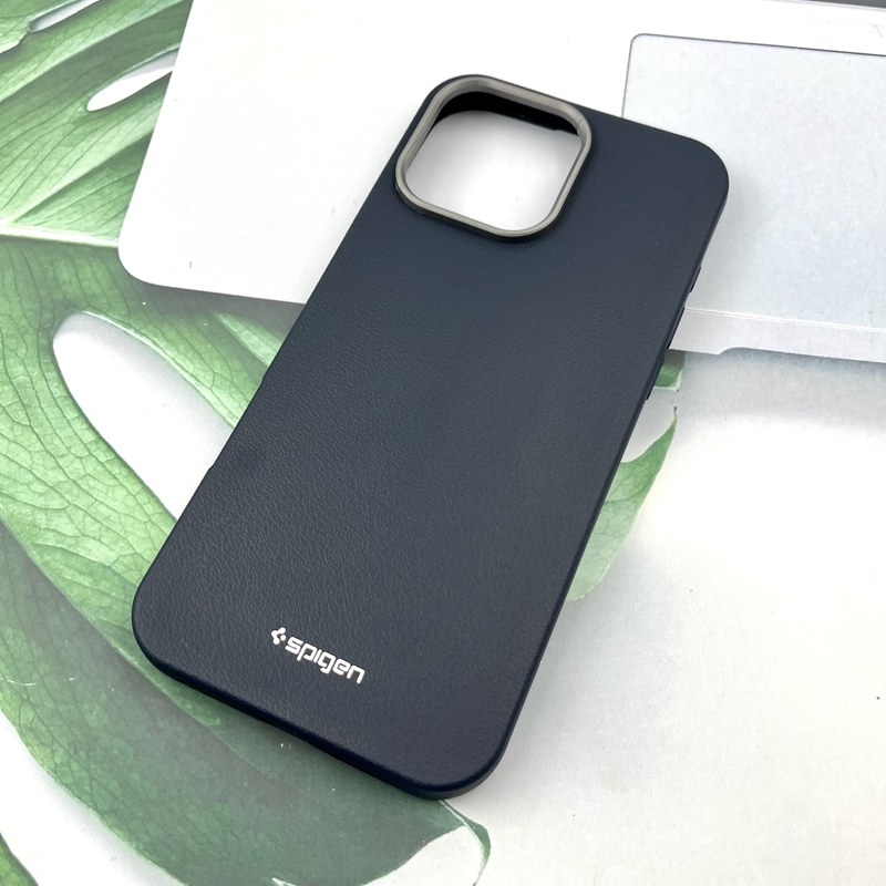  قاب گوشی iPhone 16 Pro Max آیفون spigen سیلیکونی طرح چرم لنز کروم Slim سرمه ای 