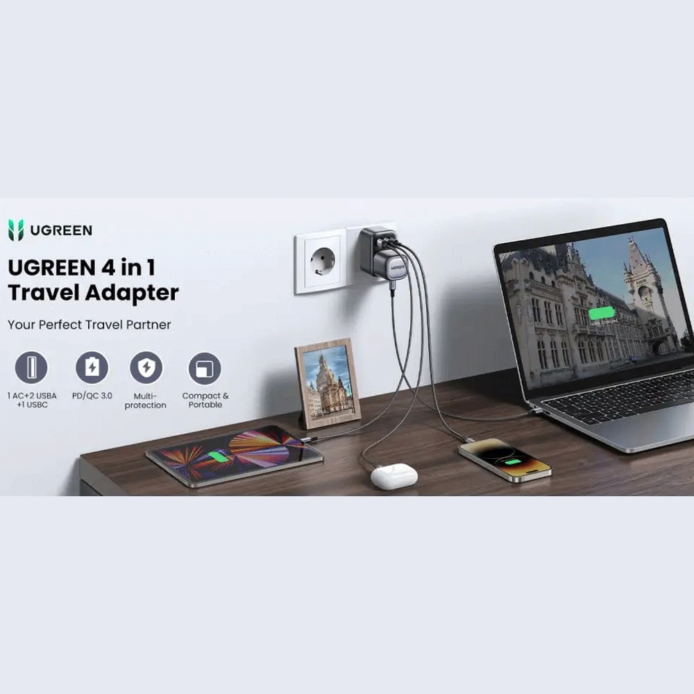  چندراهی برق و شارژر دیواری یک سوکت، یک تایپ‌سی و دو یو‌اس‌بی 30 وات یوگرین CD314 15290 