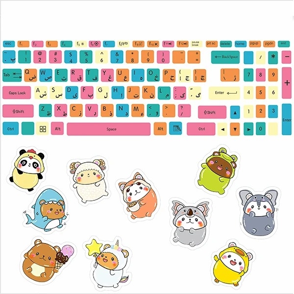 برچسب حروف فارسی کیبورد مدل animals-pack-01 به همراه استیکرهای تزئینی 11 عددی