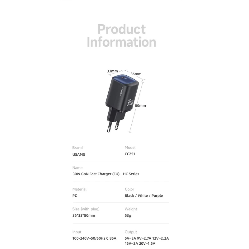  شارژر دیواری USAMS CC251 توان 30 وات GaN 