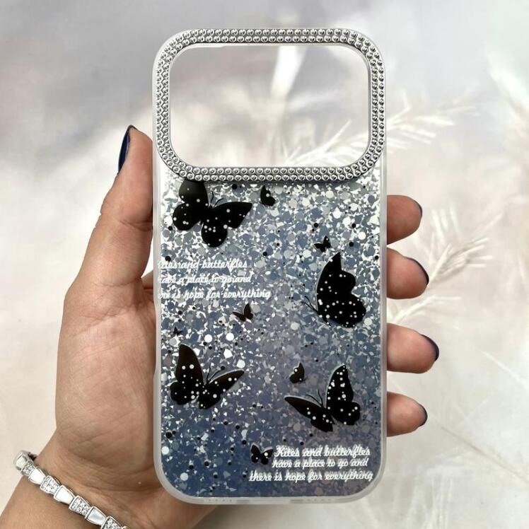 قاب گوشی iPhone 17 Pro آیفون Shine Guard ایربگ دار Silver لنز نگین دار پروانه